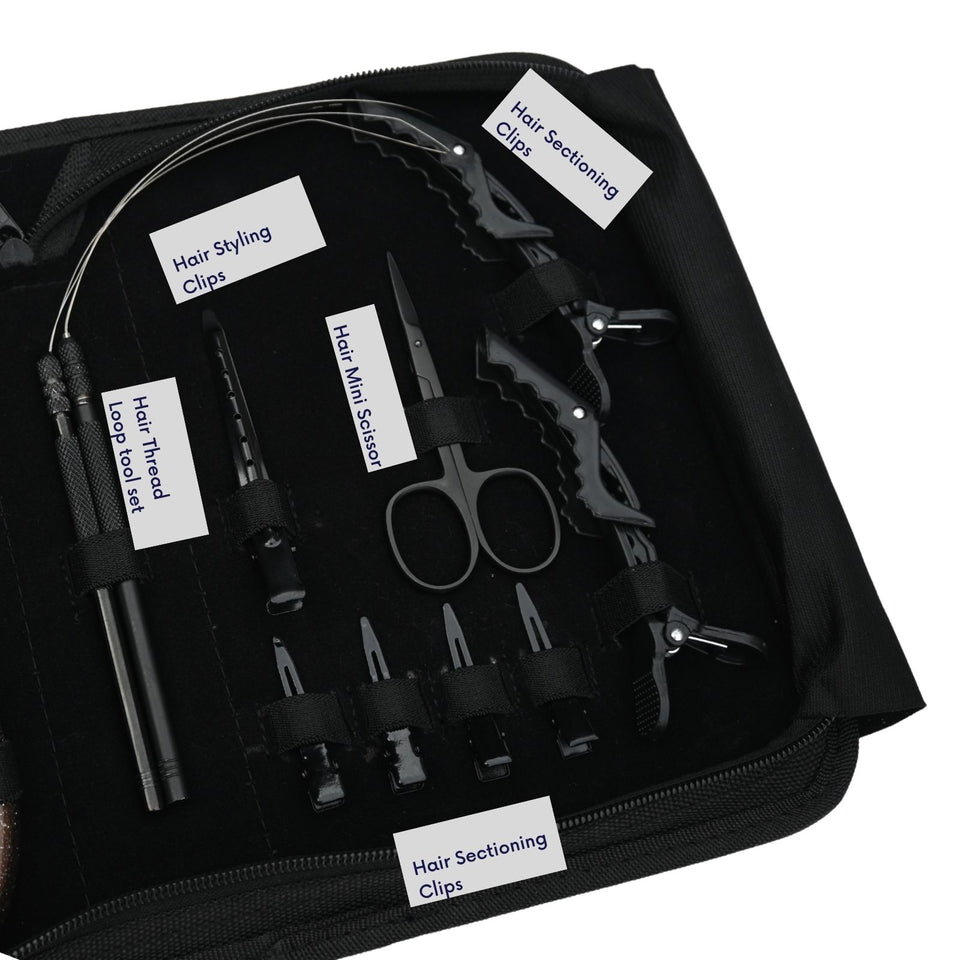 Essential Tape-In Hair Extension Kit with Thread Loop Tools, Styling Clips & Remover Plier - Cross Edge Corporation
