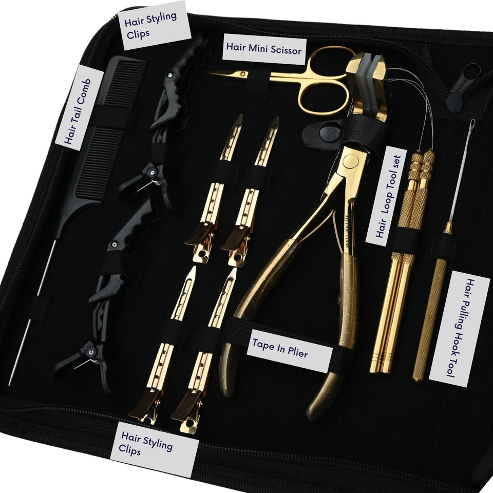 Premium Salon Hair Extension Kit with Tape In Plier, Bond Cutter & Rexine Storage Case - Cross Edge Corporation