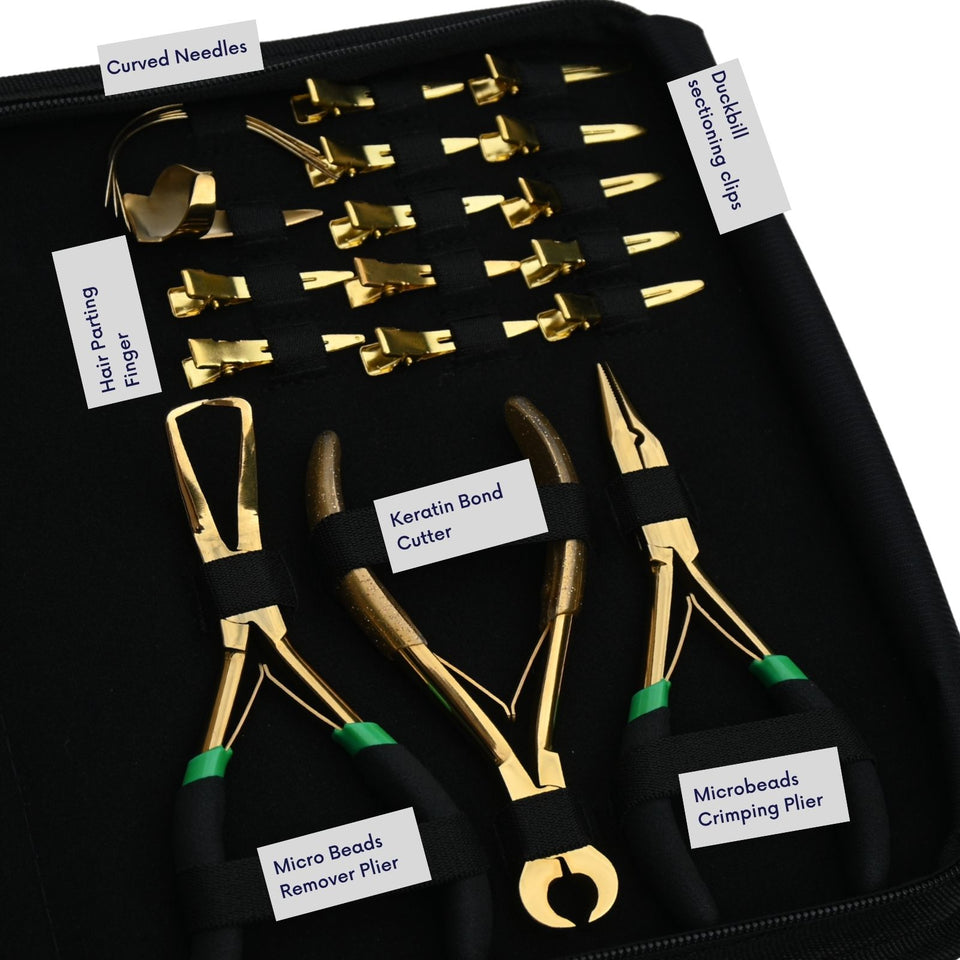 Premium Salon Hair Extension Kit with Tape In Plier, Bond Cutter & Rexine Storage Case - Cross Edge Corporation