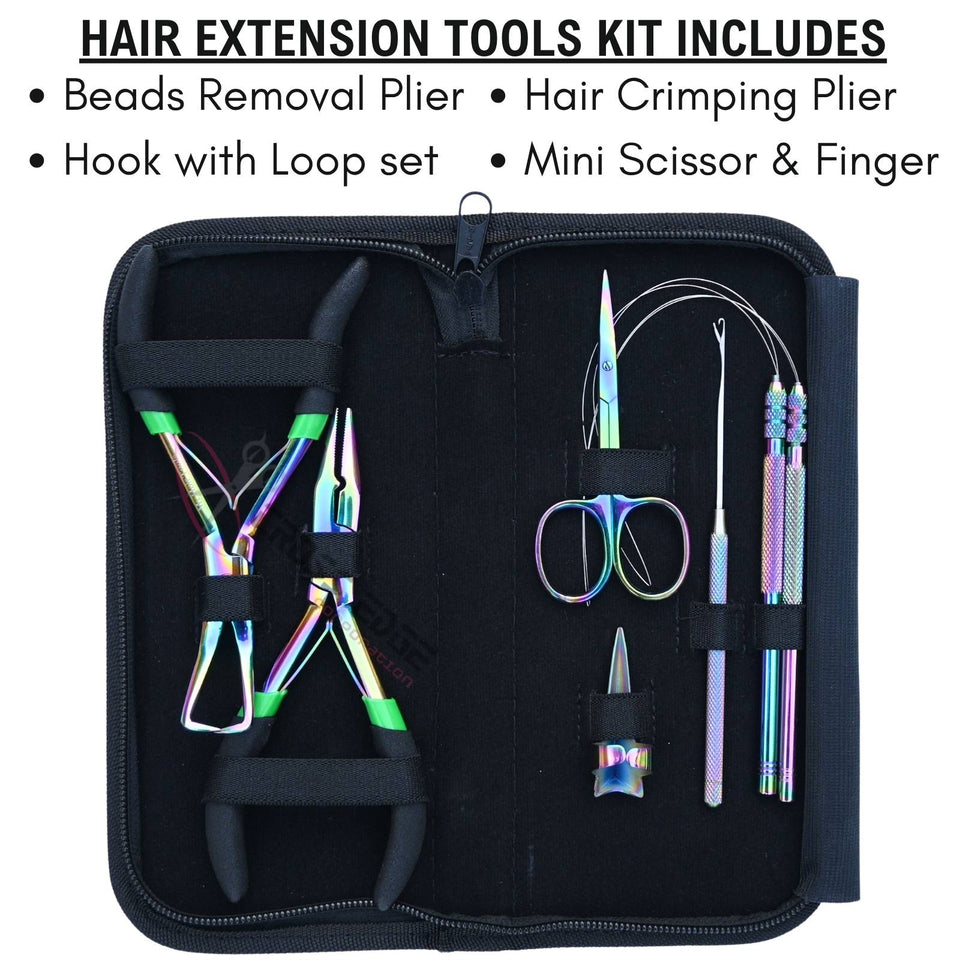 Rainbow Hair Extension Tool Kit with Crimping Plier, Bead Remover & Hook Loop Set - Cross Edge Corporation