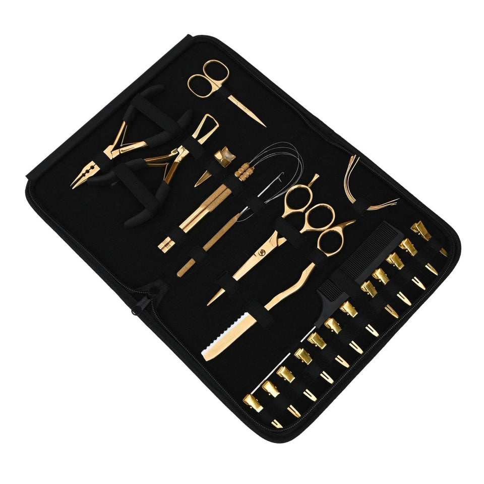 Gold Hair Extension Tool Kit with Crimping Pliers, Barber Scissors & Razor Tool - Cross Edge Corporation