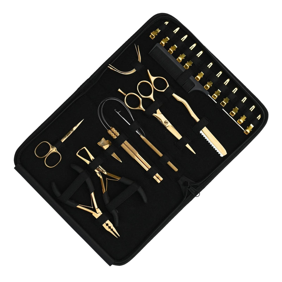 Gold Hair Extension Tool Kit with Crimping Pliers, Barber Scissors & Razor Tool - Cross Edge Corporation