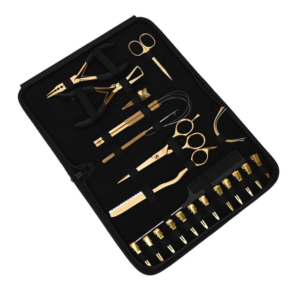 Gold Hair Extension Tool Kit with Crimping Pliers, Barber Scissors & Razor Tool - Cross Edge Corporation