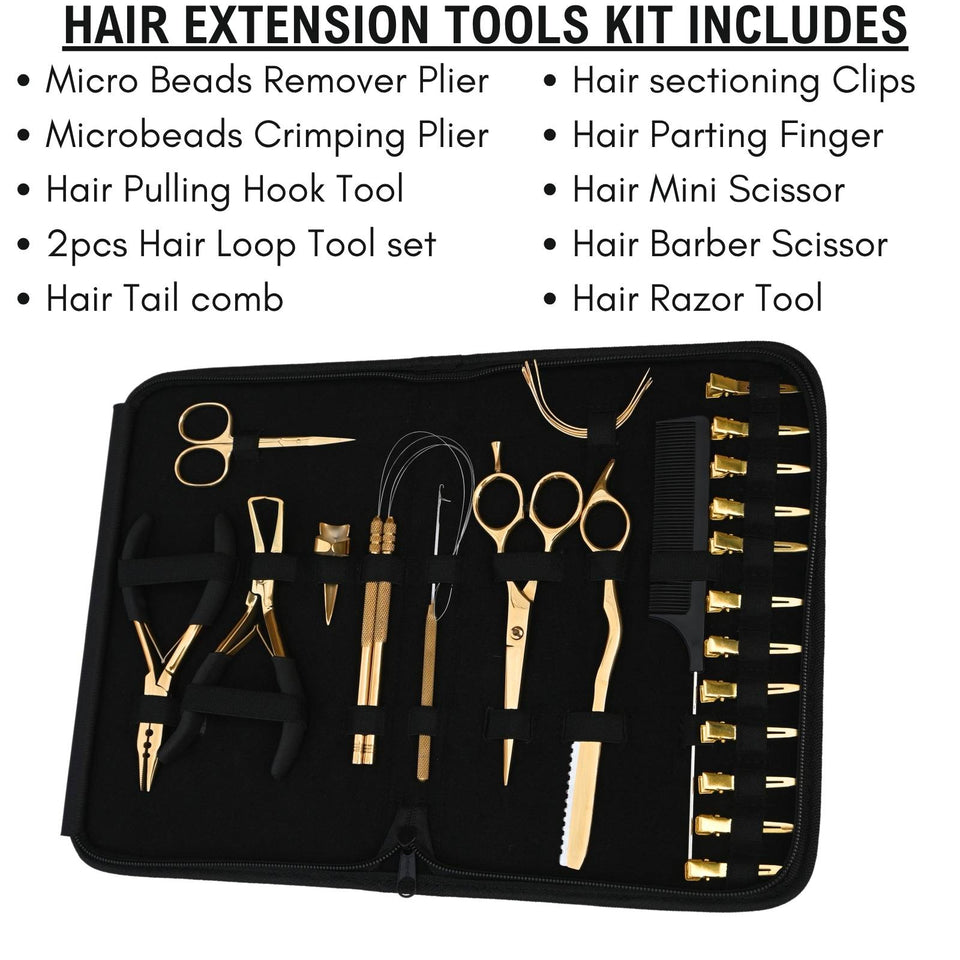 Gold Hair Extension Tool Kit with Crimping Pliers, Barber Scissors & Razor Tool - Cross Edge Corporation