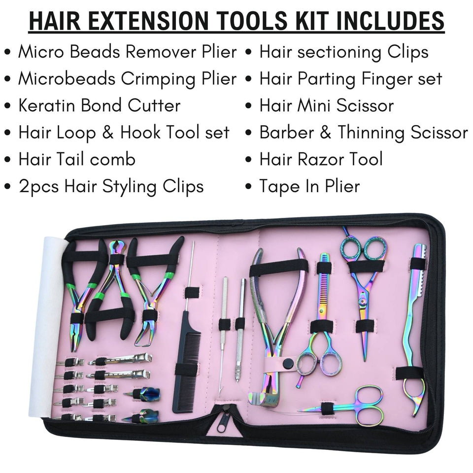 Rainbow Hair Extension Tool Kit with Tape Plier, Thinning Scissors & Razor Styling Set - Cross Edge Corporation