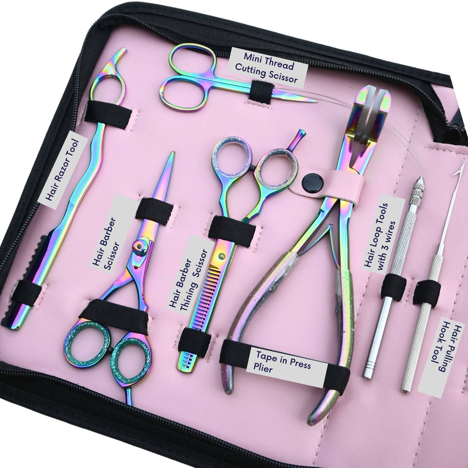 Rainbow Hair Extension Tool Kit with Tape Plier, Thinning Scissors & Razor Styling Set - Cross Edge Corporation