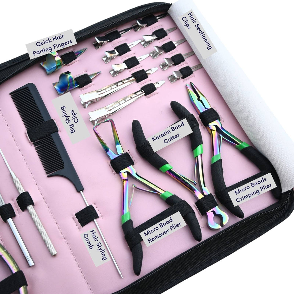 Rainbow Hair Extension Tool Kit with Tape Plier, Thinning Scissors & Razor Styling Set - Cross Edge Corporation