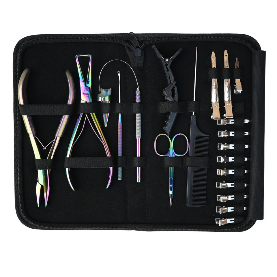 Rainbow Pro Hair Extension Kit with Flat Crimping Pliers, Hook Loop Tools & Styling Clips - Cross Edge Corporation