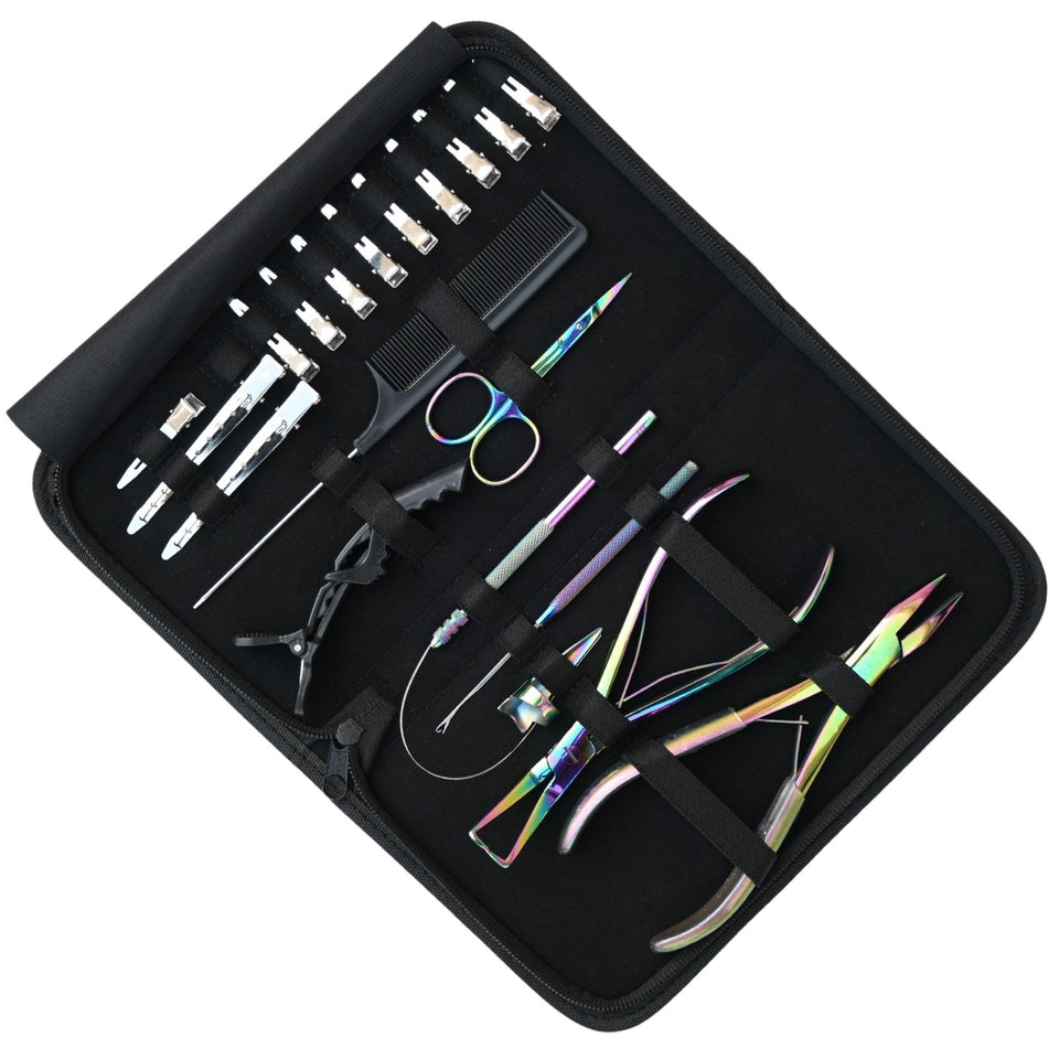 Rainbow Pro Hair Extension Kit with Flat Crimping Pliers, Hook Loop Tools & Styling Clips - Cross Edge Corporation