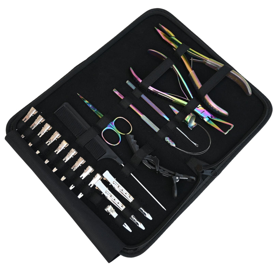Rainbow Pro Hair Extension Kit with Flat Crimping Pliers, Hook Loop Tools & Styling Clips - Cross Edge Corporation