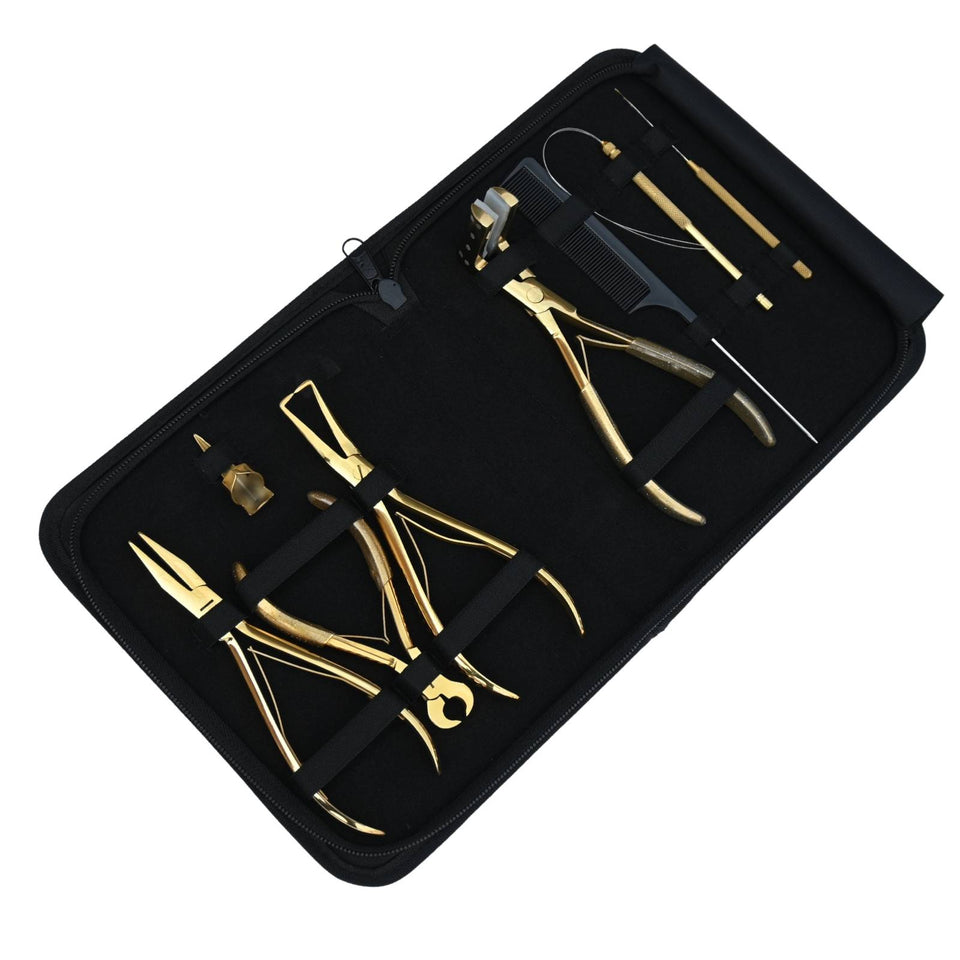 Gold Pro Hair Extension Master Kit with Tape In Plier, Bond Cutter & Crimping Tools - Cross Edge Corporation