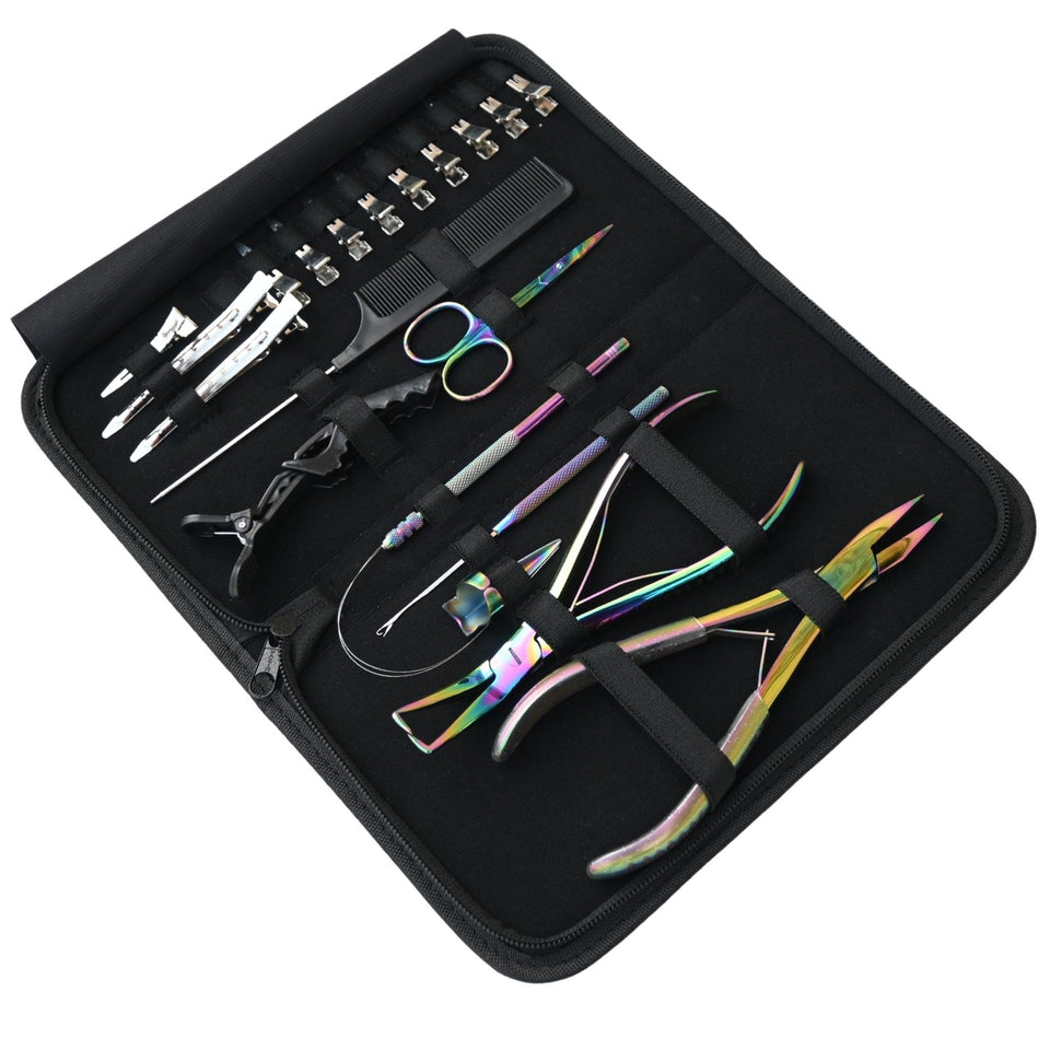Rainbow Pro Hair Extension Kit with Flat Crimping Pliers, Hook Loop Tools & Styling Clips - Cross Edge Corporation