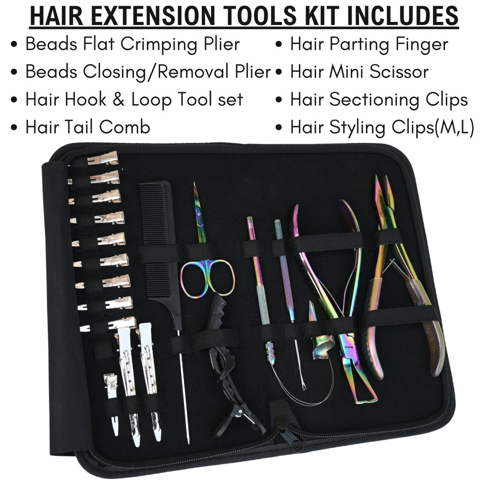 Rainbow Pro Hair Extension Kit with Flat Crimping Pliers, Hook Loop Tools & Styling Clips - Cross Edge Corporation