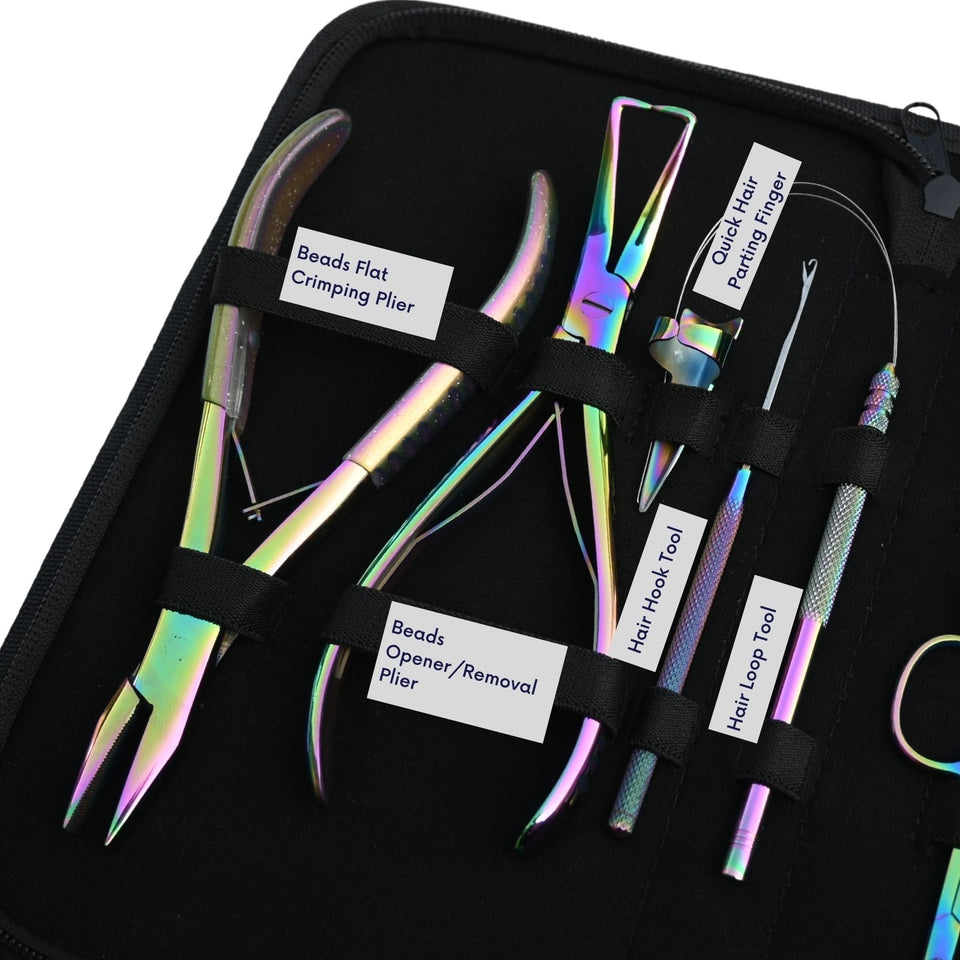 Rainbow Pro Hair Extension Kit with Flat Crimping Pliers, Hook Loop Tools & Styling Clips - Cross Edge Corporation