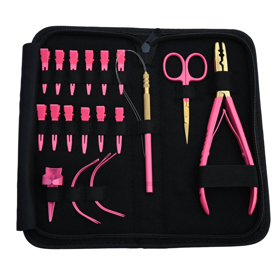 Pink Salon Hair Extension Tool Kit with 2 Hole Crimping Plier & Threading Loop Tool - Cross Edge Corporation