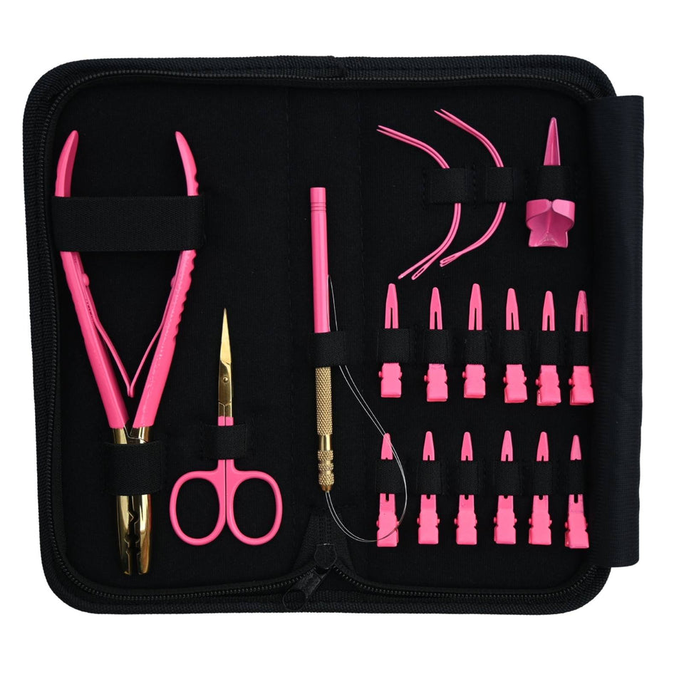 Pink Salon Hair Extension Tool Kit with 2 Hole Crimping Plier & Threading Loop Tool - Cross Edge Corporation