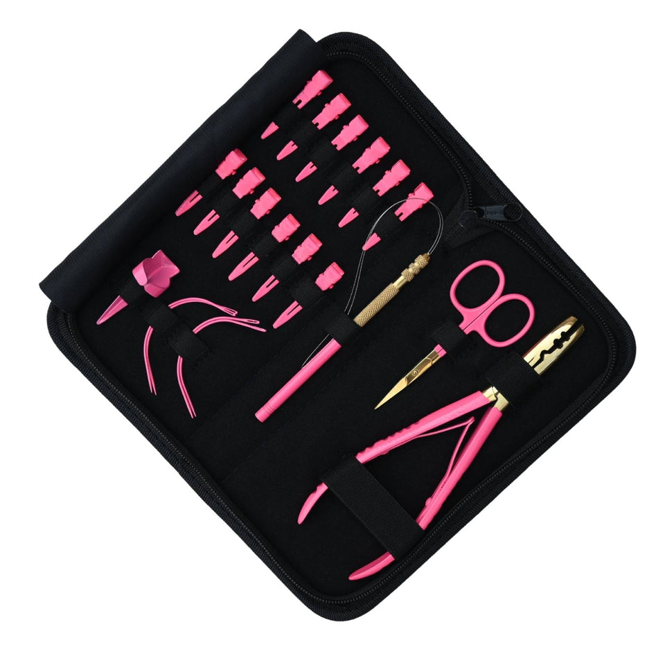 Pink Salon Hair Extension Tool Kit with 2 Hole Crimping Plier & Threading Loop Tool - Cross Edge Corporation