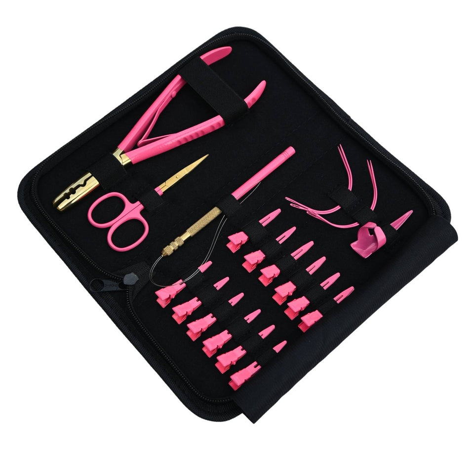 Pink Salon Hair Extension Tool Kit with 2 Hole Crimping Plier & Threading Loop Tool - Cross Edge Corporation