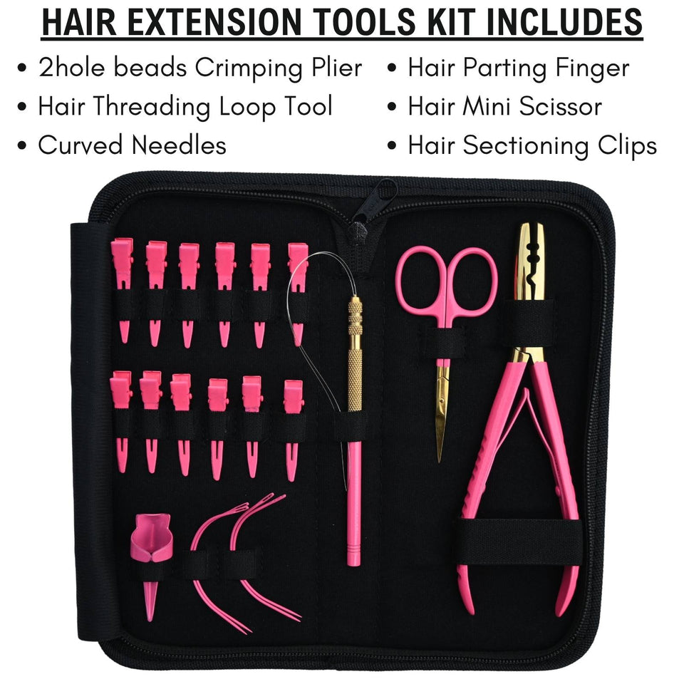 Pink Salon Hair Extension Tool Kit with 2 Hole Crimping Plier & Threading Loop Tool - Cross Edge Corporation