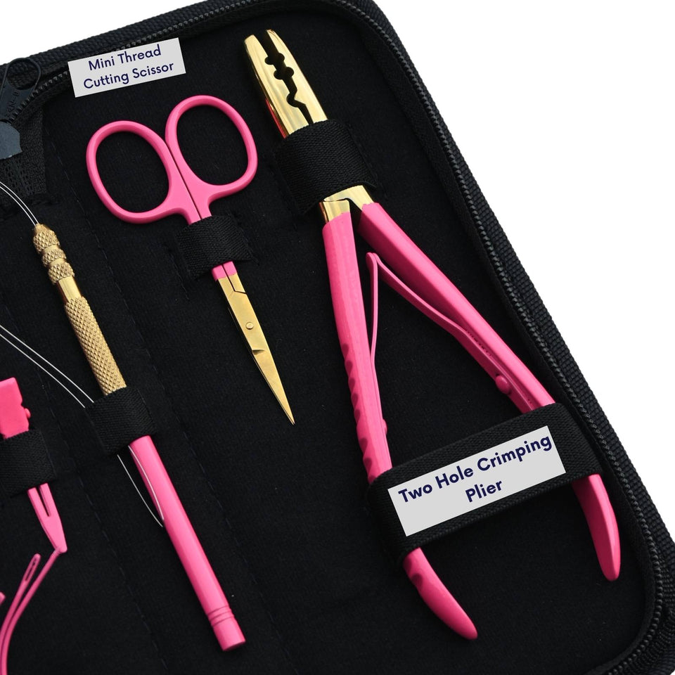Pink Salon Hair Extension Tool Kit with 2 Hole Crimping Plier & Threading Loop Tool - Cross Edge Corporation