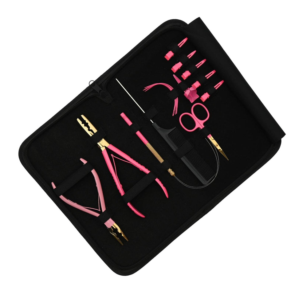 Pink Gold Hair Extension Tool Kit with 2 Hole Crimping & Bead Opening Pliers - Cross Edge Corporation