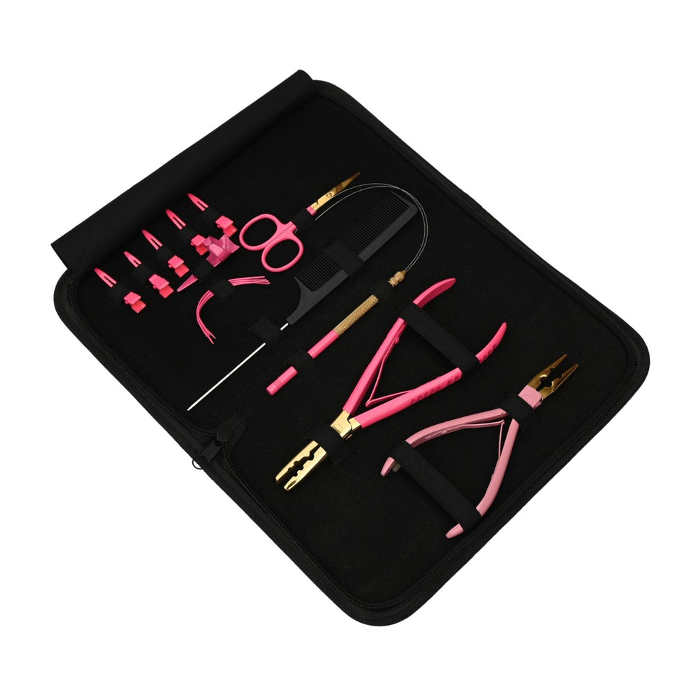 Pink Gold Hair Extension Tool Kit with 2 Hole Crimping & Bead Opening Pliers - Cross Edge Corporation