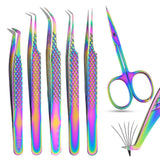 Rainbow Eyelash Extension Tweezers set Fiber Tip Lash Tweezers & Mini Scissor (6pcs)