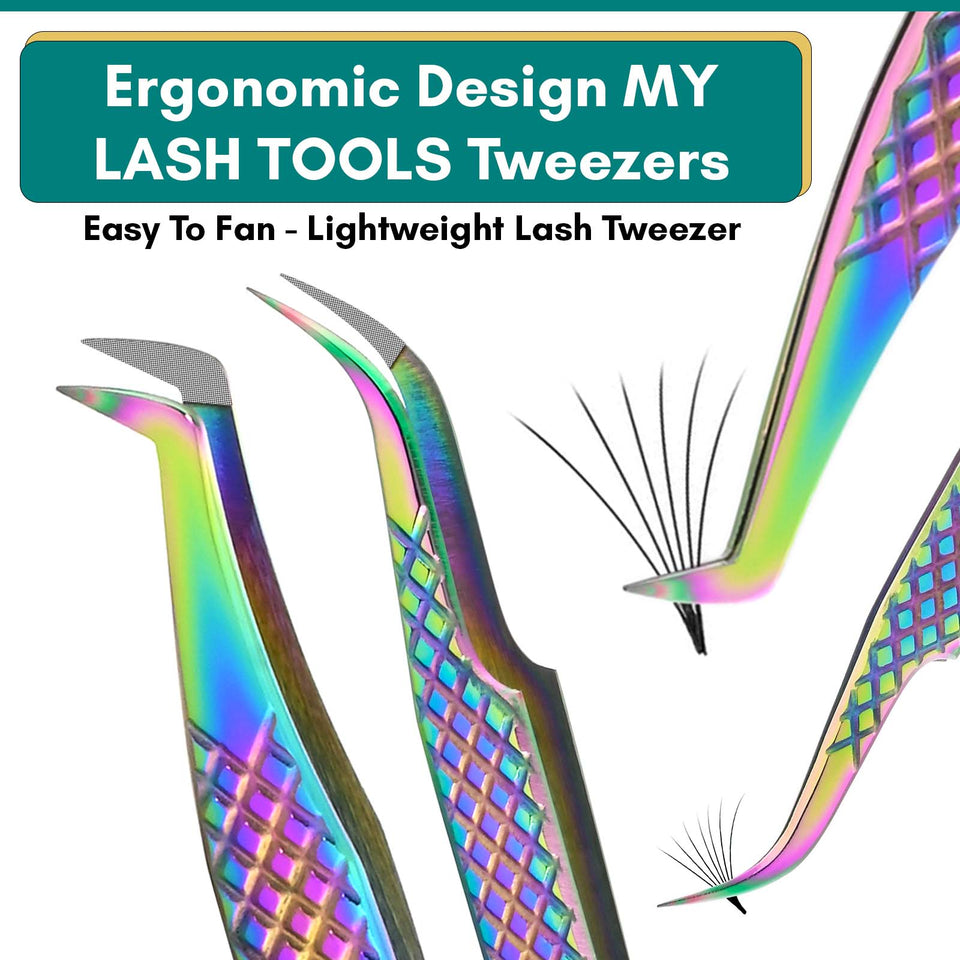 Rainbow Eyelash Extension Tweezers set Fiber Tip Lash Tweezers & Mini Scissor (6pcs) - Cross Edge Corporation