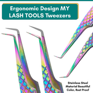 Rainbow Eyelash Extension Tweezers set Fiber Tip Lash Tweezers & Mini Scissor (6pcs) - Cross Edge Corporation