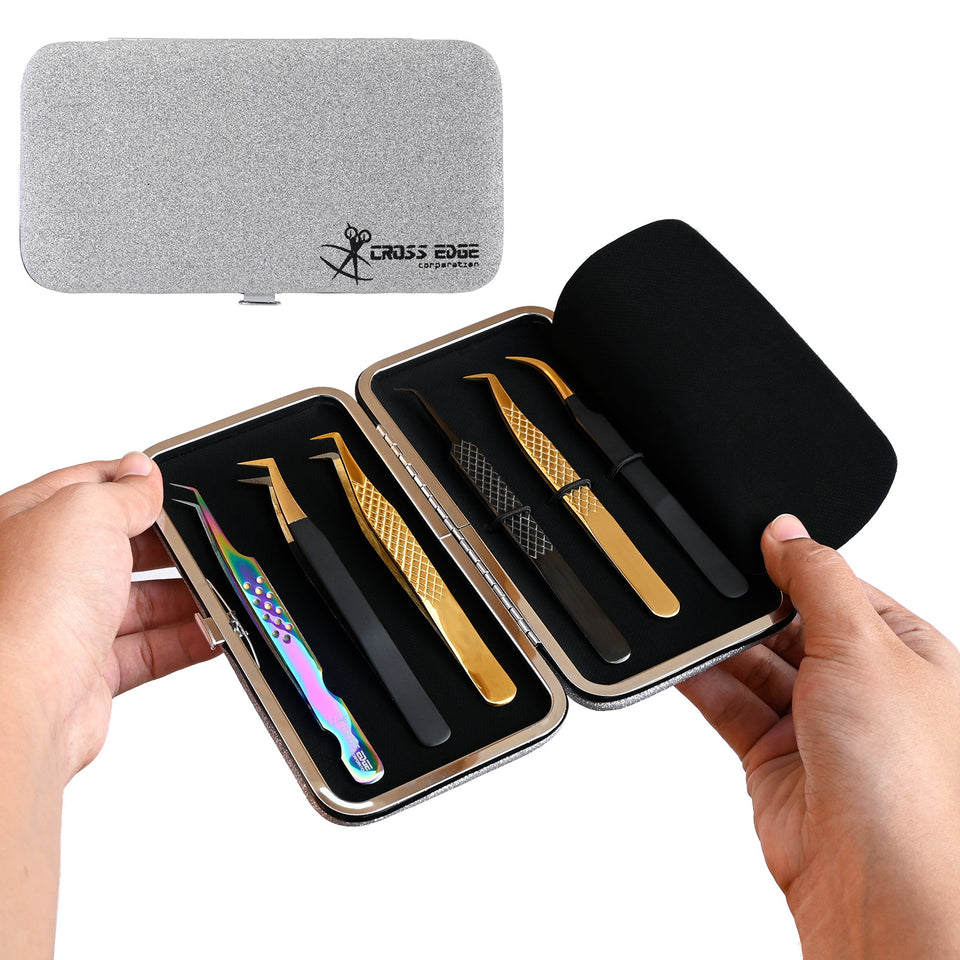 Silver Magnetic 6 Pieces Eyelash Tweezers Organizer Case