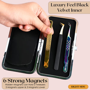 Silver Magnetic 6 Pieces Eyelash Tweezers Organizer Case