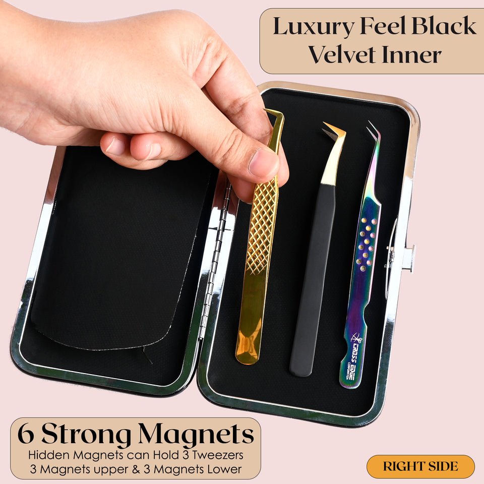 Silver Magnetic 6 Pieces Eyelash Tweezers Organizer Case