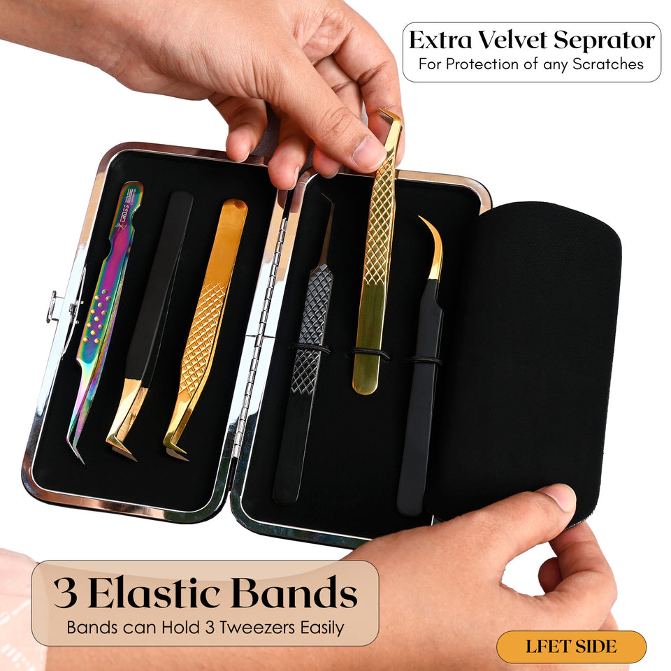 Silver Magnetic 6 Pieces Eyelash Tweezers Organizer Case