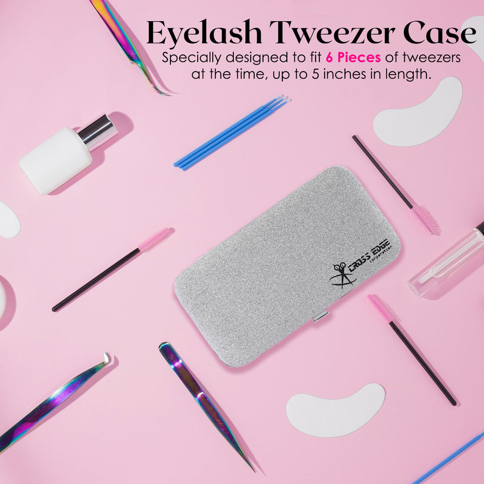 Silver Magnetic 6 Pieces Eyelash Tweezers Organizer Case