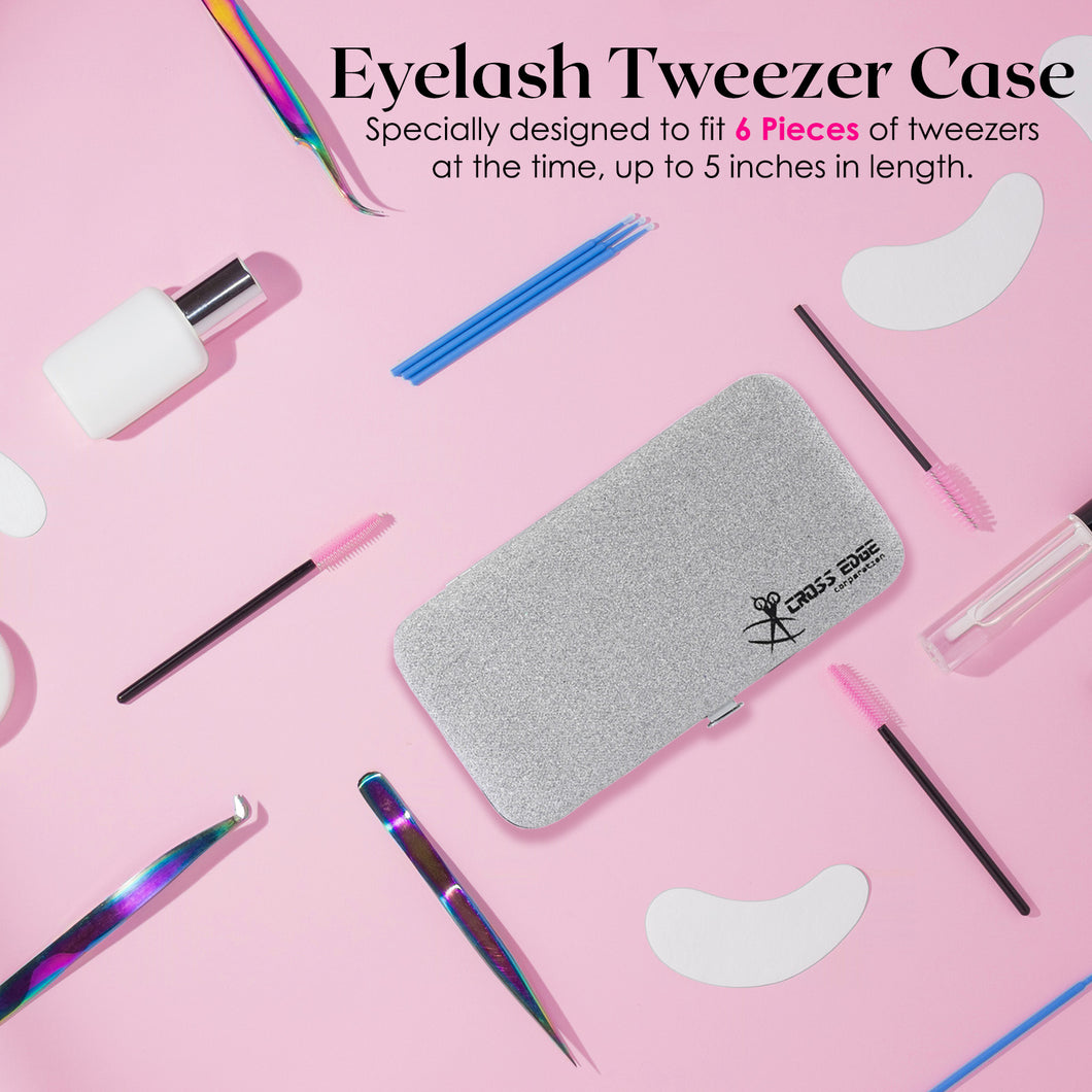 Silver Magnetic 6 Pieces Eyelash Tweezers Organizer Case