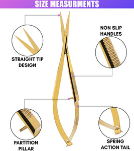 Eyebrow & Eyelash Shaping & Trimming Spring Scissors 5 Inch straight Stainless Steel Precision Scissor (Gold) - Cross Edge Corporation