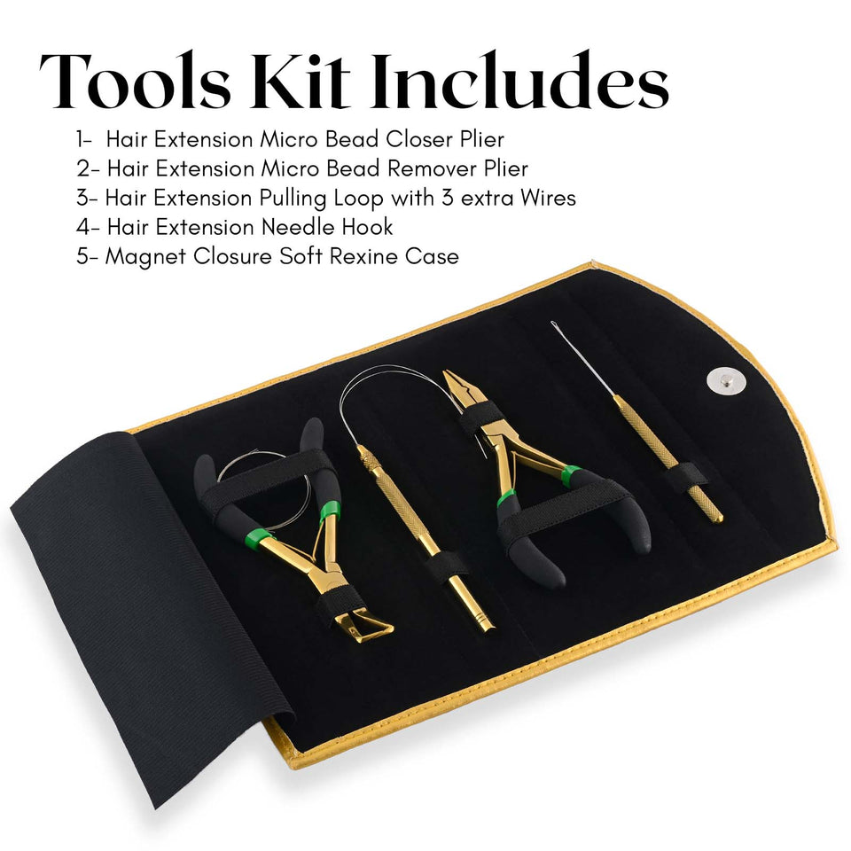 Gold My Hair Tools Pro Extension Kit, Extensions Remover Pliers set, Micro Beads Pulling Hook & Microbead Loop Tool Stainless Steel